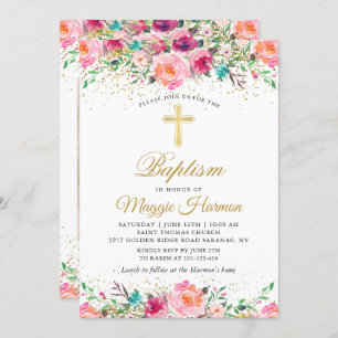 Convite Linda Dourada Floral Foto de Batismo