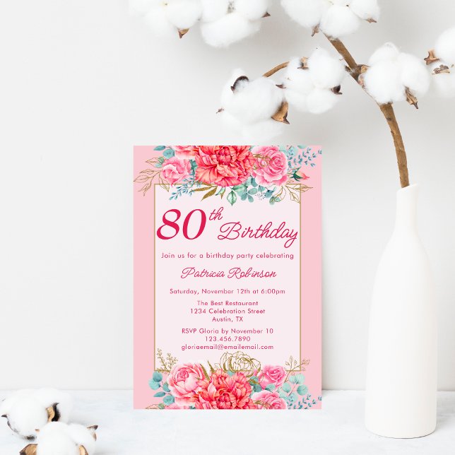 Convite Linda Festa de Aniversário de 80 Anos com Flores C (Criador carregado)