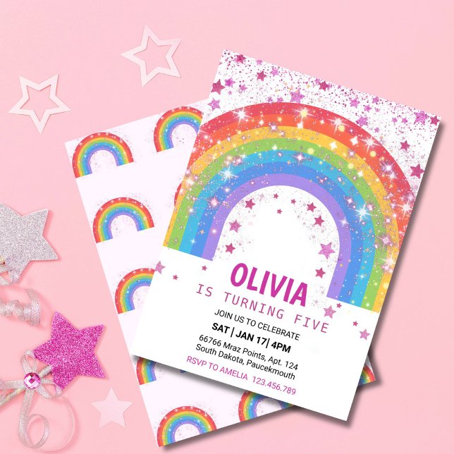 Convite Linda Festa de Estrelas Brilhantes com Glitter Arc (RAINBOW GLITTER SPARKLE STARS BIRTHDAY INVITATION FOR GIRLS)