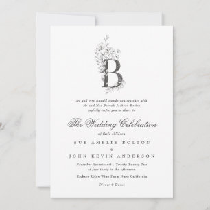 Convite Linda Floral 'B' Monograma Desenhado Casamento