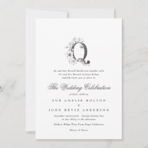 Convite Linda Floral 'Q' Monograma Desenhado Casamento