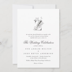 Convite Linda Floral 'Z' Monograma Desenhado Casamento