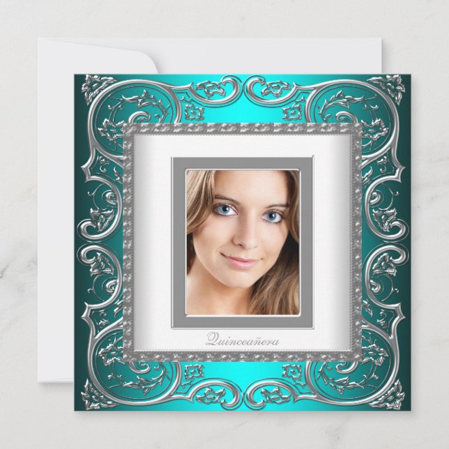 Convite Linda Foto Azul Turquesa Quinceanera (Frente)
