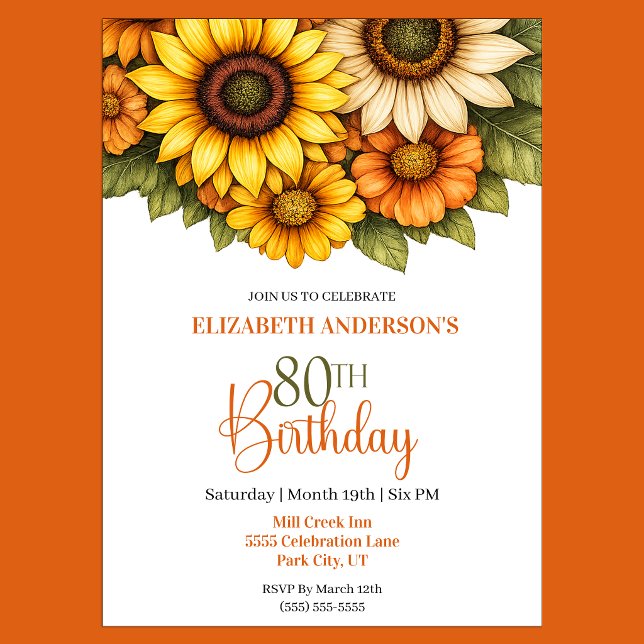 Convite Linda Girassol de 80 Anos (Pretty Sunflower 80th Birthday Invitation For Women.)