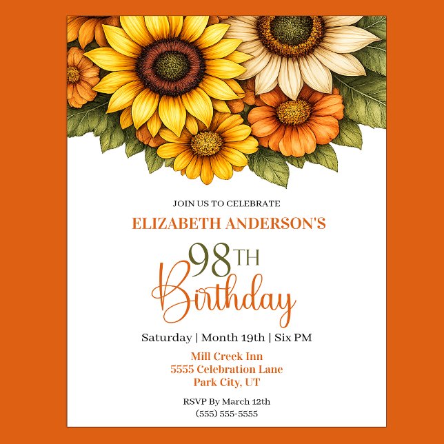 Convite Linda Girassol de 98 Anos (Pretty Sunflower 98th Birthday Invitation For Women.)