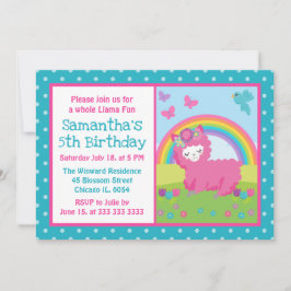 Convite Linda Llama Cor-de-Rosa Floral Arco-Íris Aniversár