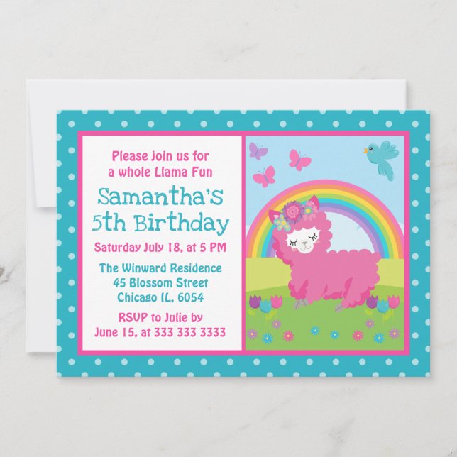 Convite Linda Llama Cor-de-Rosa Floral Arco-Íris Aniversár (Frente)