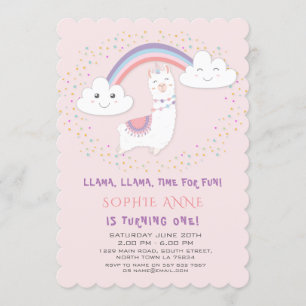 Convite Linda Llama Rainbow Stars Blush Primeiro Aniversá