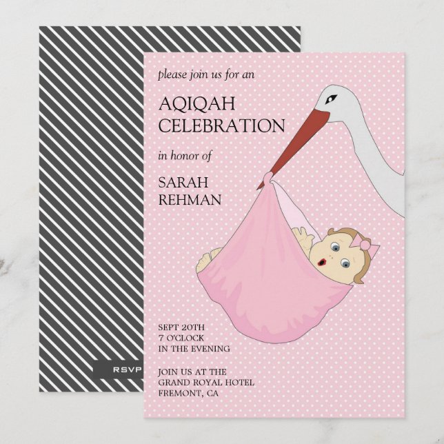 Convite Linda Menina Bebê Rosa Aqiqah (Frente/Verso)