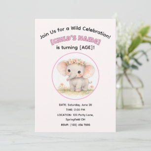 Convite Linda Menina de Aniversário de Elefante de Safári 