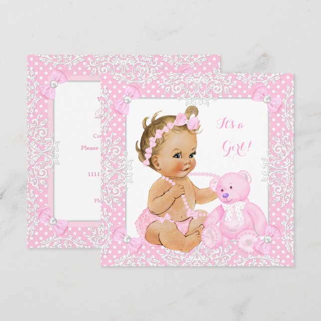 Convite Linda Menina de Chuveirinho Bebê Renda Urso Rosa B (Frente/Verso)