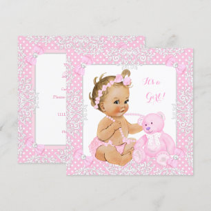 Convite Linda Menina de Chuveirinho Bebê Renda Urso Rosa B