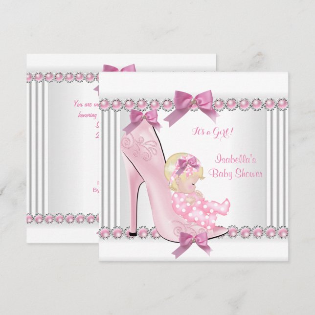 Convite Linda Menina de Chuveiro de Bebê Rosa Bolinhas Sal (Frente/Verso)