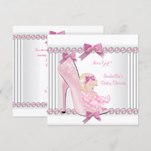 Convite Linda Menina de Chuveiro de Bebê Rosa Bolinhas Sal