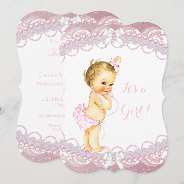 Convite Linda Menina de Chuveiro de Bebê Rosa Pérolas Rend (Frente/Verso)