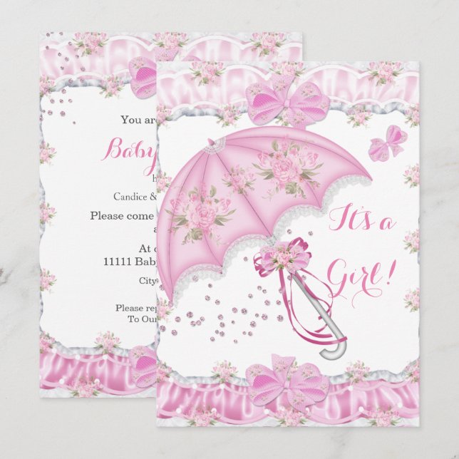 Convite Linda Menina de Chuveiro Floral Guarda-Chuva Rosa (Frente/Verso)