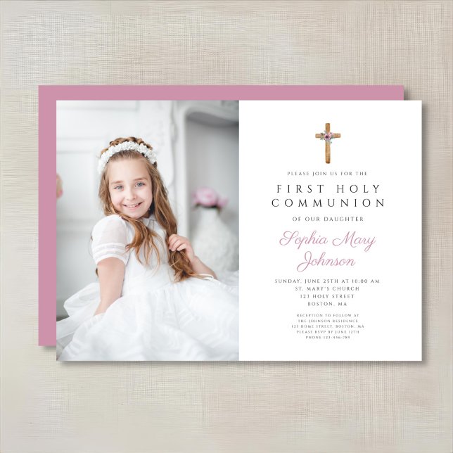 Convite Linda Menina de Primeira Comunhão com Floral Rosa  (Cute Pink Floral Cross Photo Girl First Communion Invitation)