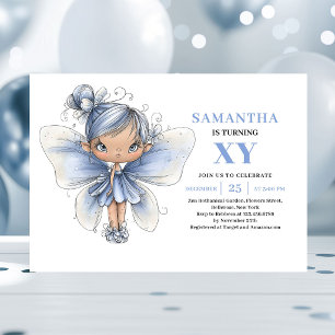 Convite Linda Menina Fada Azul Aniversário Mágico Pastel