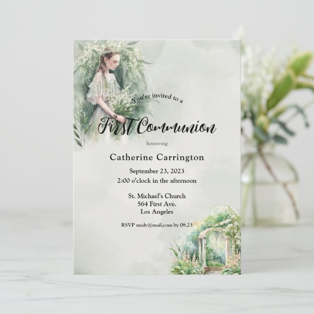 Convite Linda Menina Floral Primeira Comunhão (Em pé/Frente)