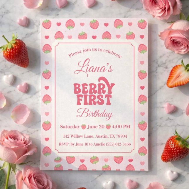 Convite Linda Morango Rosa Menina 1º Aniversário (Criador carregado)