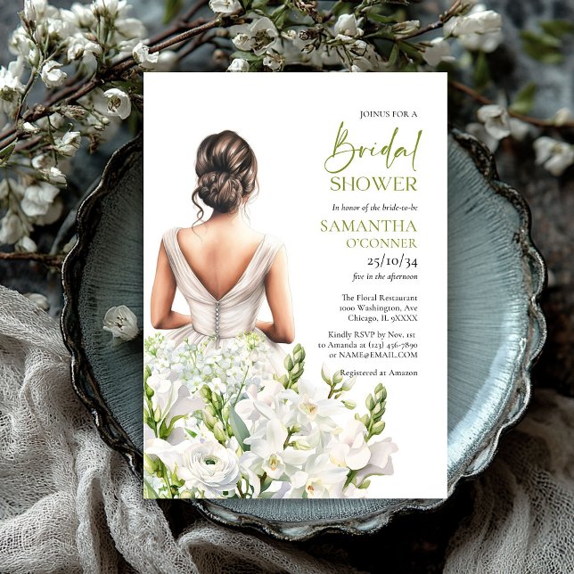 Convite Linda noiva com flores brancas buquês (Beautiful bride with lavish bouquet white flowers invitation)