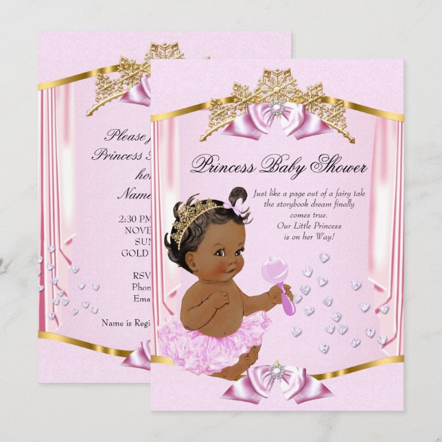 Convite Linda Princesa Chás de Bebê Rosa Dourado Étnico (Frente/Verso)