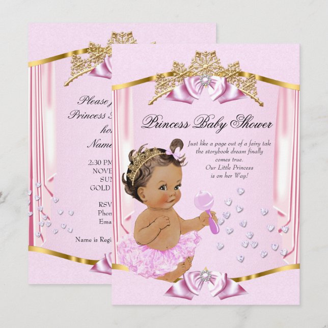 Convite Linda Princesa Chás de Bebê Rosa Dourado Morena (Frente/Verso)
