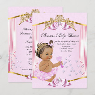Convite Linda Princesa Chás de Bebê Rosa Dourado Morena