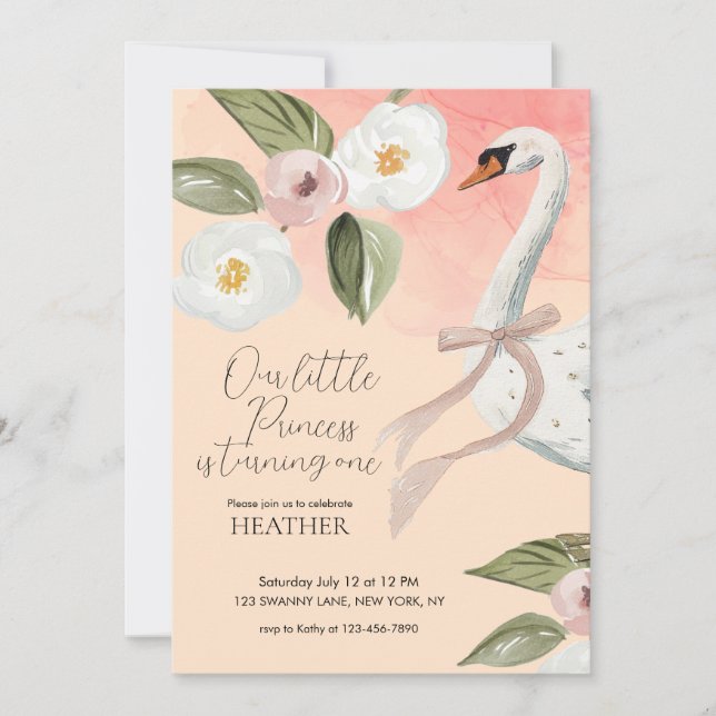 Convite Linda Princesa Cisne Encantada Primeiro Aniversári (Frente)