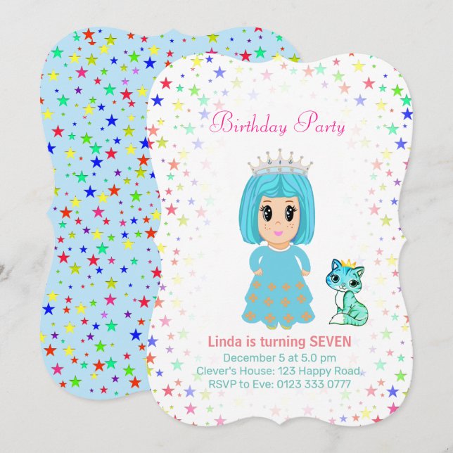 Convite Linda Princesa com Gatinho no 7º Aniversário (Frente/Verso)