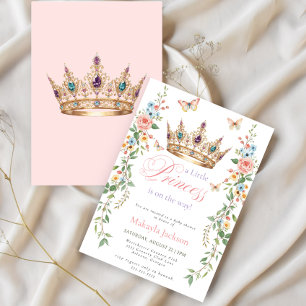 Convite Linda Princesa Coroa Dourada Rosa Floral Chás de B