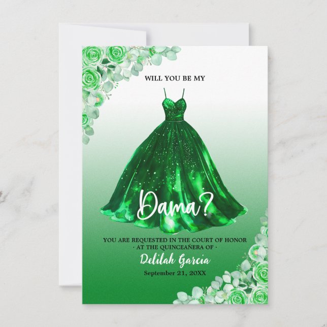 Convite Linda Proposta de Dama de Quinceañera Verde (Frente)