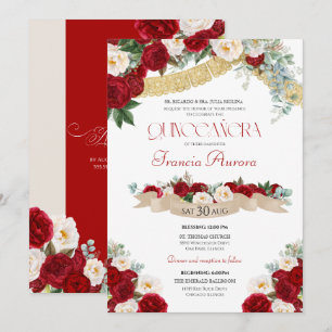 Convite Linda Quinceanera Vermelha e Branca de Blooms Flor
