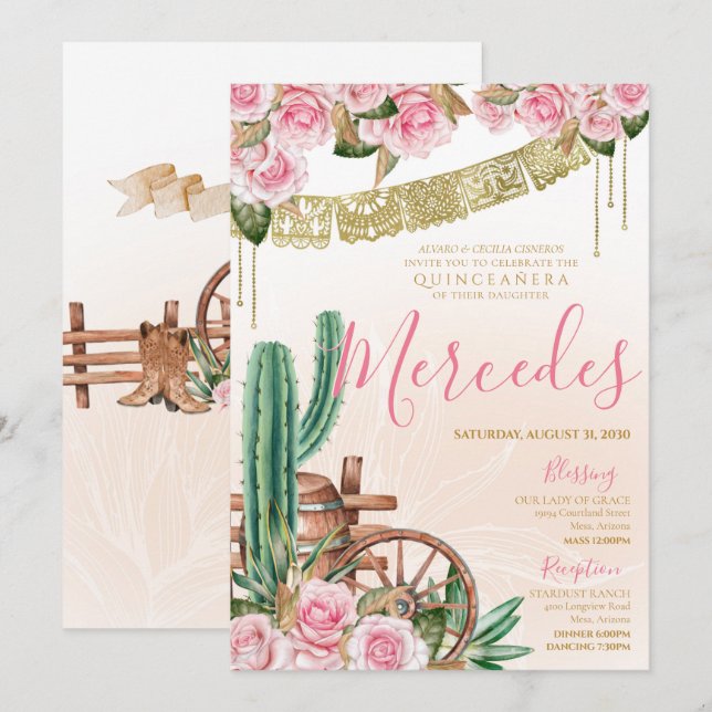 Convite Linda Rosa de Cactus Western Charro Quinceanera (Frente/Verso)
