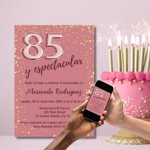 Convite Linda Rosa Dourado Aniversário de 85 anos Espanhol