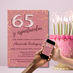 Convite Linda Rosa Dourado Chic 65º Aniversário Espanhol