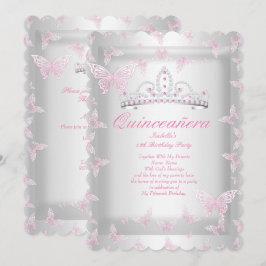 Convite Linda Tiara de Borboleta Rosa para Festa de Quince