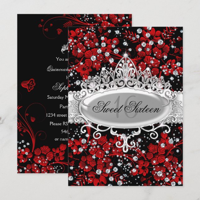 Convite Linda Tiara & Flores Sparkle Vermelho Doce 16 (Frente/Verso)