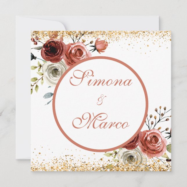 Convite Linda Watercolor Casamento Dourado Quadrado Pinkis (Frente)