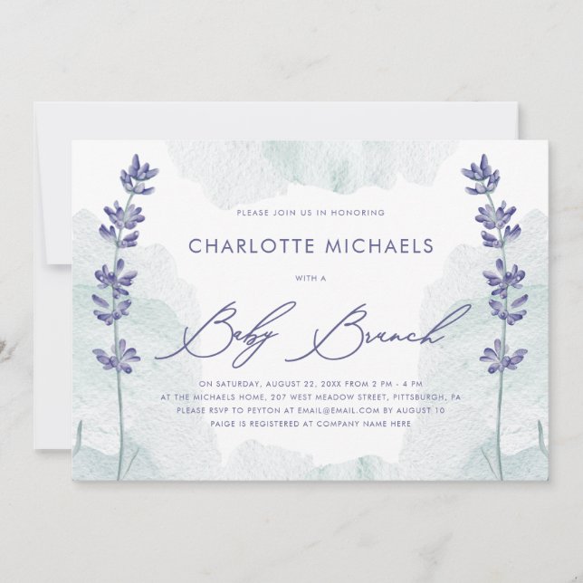 Convite Linda Watercolor com Bonito Script Baby Brunch (Frente)