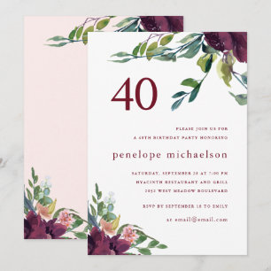 Convite Linda Watercolor Floral aniversário de 40 anos
