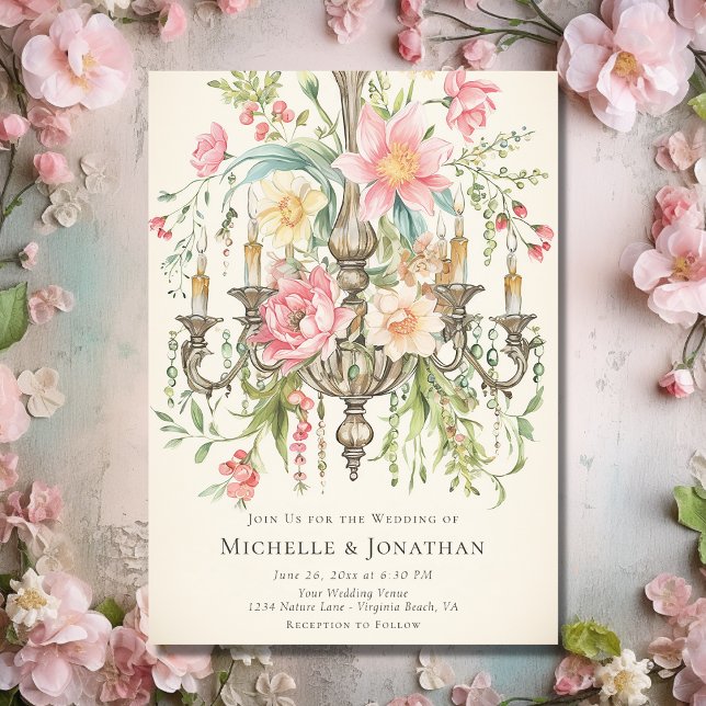 Convite Linda Watercolor Floral Chandelier Wedes (Front - Beautiful Watercolor Floral Chandelier Wedding Invitation)