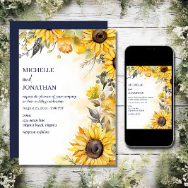 Convite Linda Watercolor Sunflower Floral Casamento
