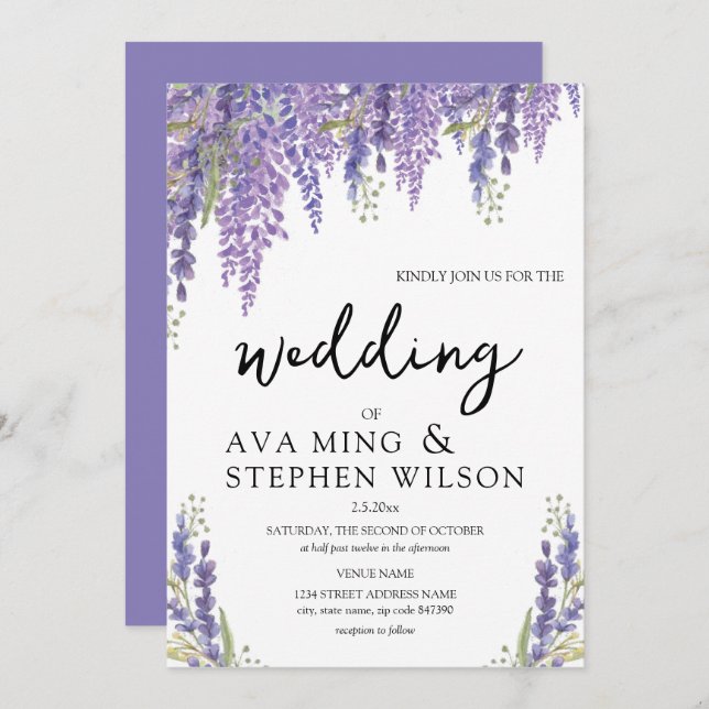 Convite Linda Wisteria tree Watercolor Casamento (Frente/Verso)