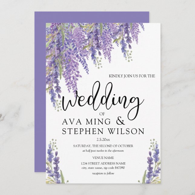 Convite Linda Wisteria tree Watercolor Casamento (Frente/Verso)