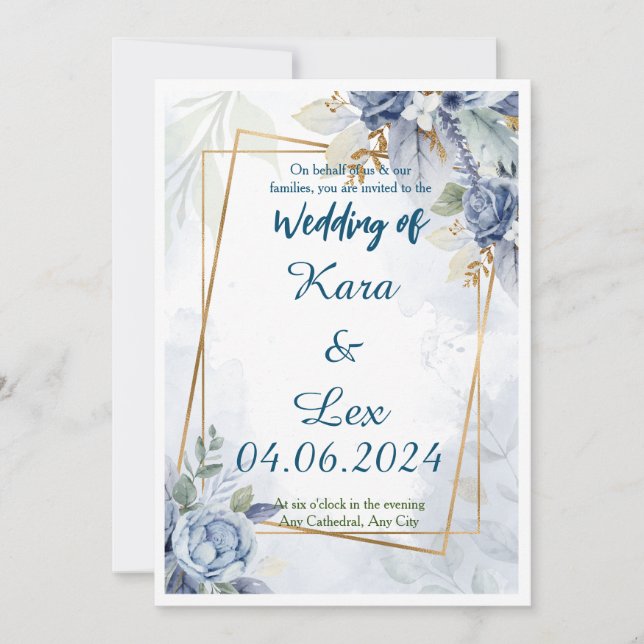 Convite Lindas Flores Azuis com Acento Dourado em Moldura  (Frente)