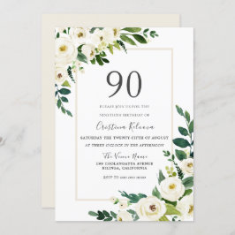 Convite Lindas Flores Brancas com Frame 90 Birthday