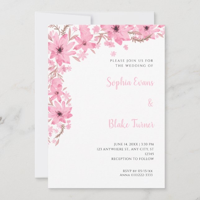 Convite Lindas Flores Cor-de-Rosa Casamento Branco Românti (Frente)