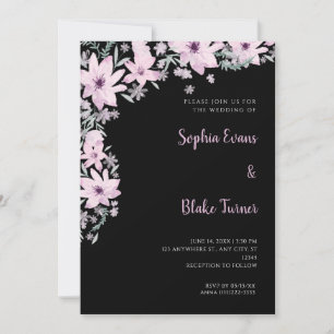 Convite Lindas Flores Cor-de-Rosa Casamento Preto Romântic