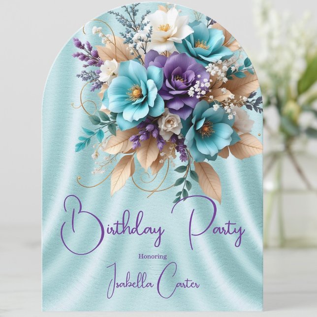 Convite Lindas Flores de Aniversário Azul Turquesa Roxo Br (Criador carregado)